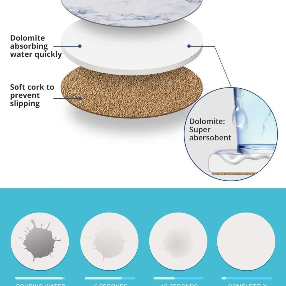 Absorbent Coaster Sets of 4, Drink Coasters with Holder, White Marble Style Cera